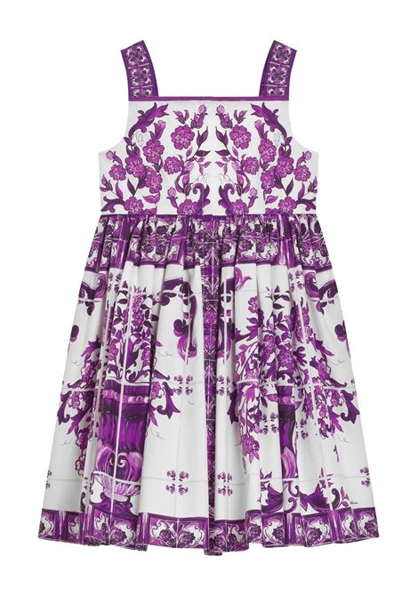 White Sleeveless Dress with Purple Maiolica Print DOLCE & GABBANA KIDS | L54DH7-HH5ENIP3TN
